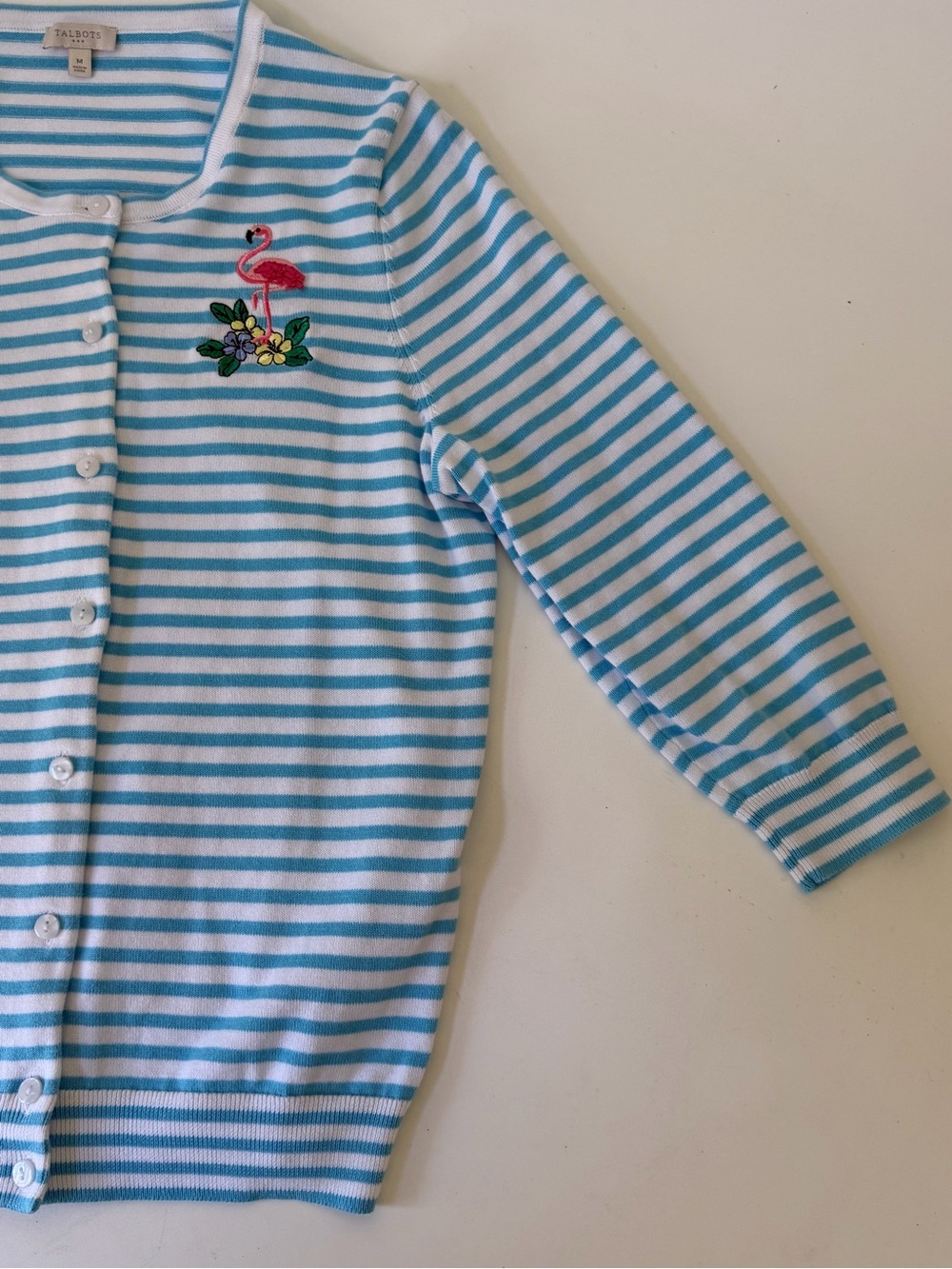 Talbots Blue White Stripe Button Down Sweater Flamingo 3/4 Sleeves Womens Size M - Picture 6 of 9